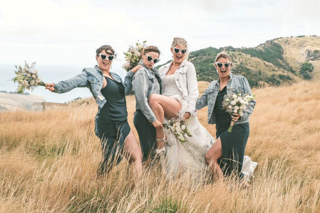 A bride and wedding party from a wedding at Mt Vernon Lodge, Akaroa
